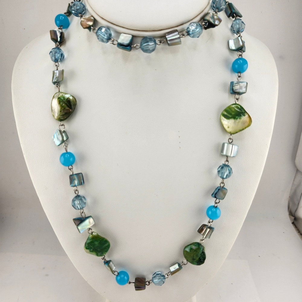 Bohemian Beaded Necklace Seashell Turquoise‎ Blue Green Mother of Pearl